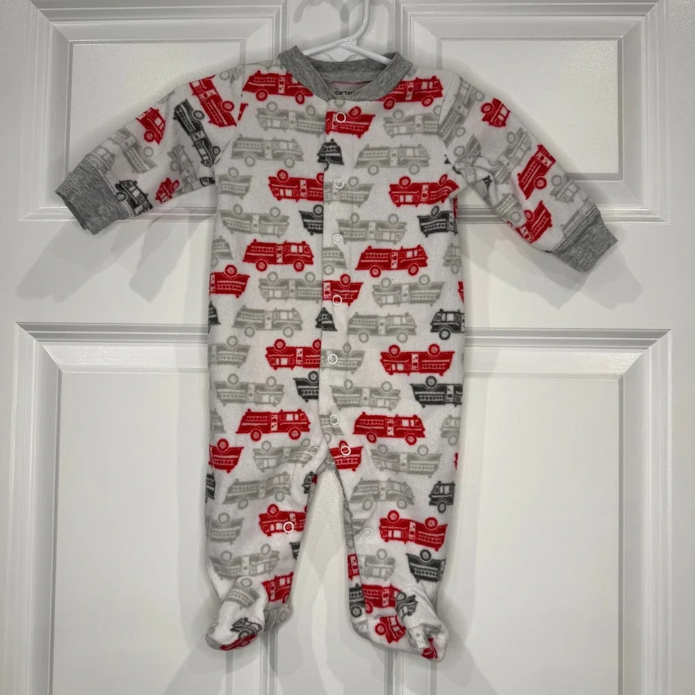 Carter's‎ Firetruck Footed Pajamas Size 3 Months Baby Boy Red Grey Sleepwear
